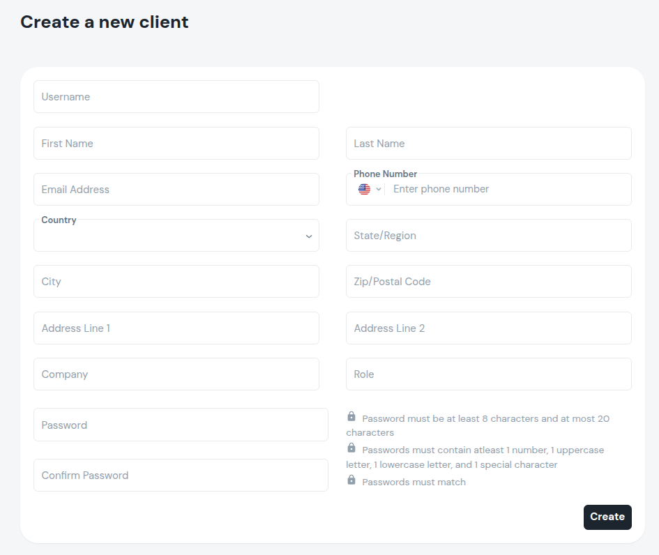 Clients Create Page